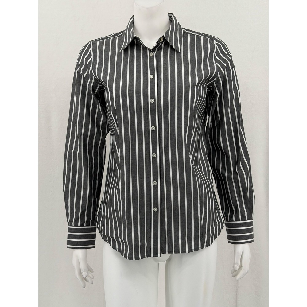Talbots Top Womens 4 Black Gray Stripe Non Iron Button Up Stretch Office Career